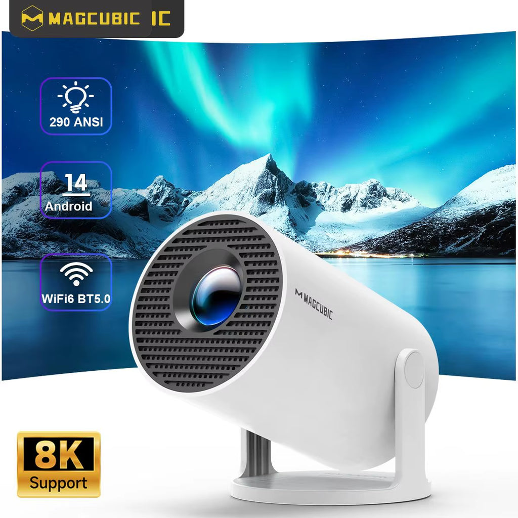HY300 Pro 8K Android Projector with Dual WiFi 6, 290 ANSI Lumens, Allwinner H726, Bluetooth 5.4, 1080P and 1280x720P for Home Cinema and Outdoor Use