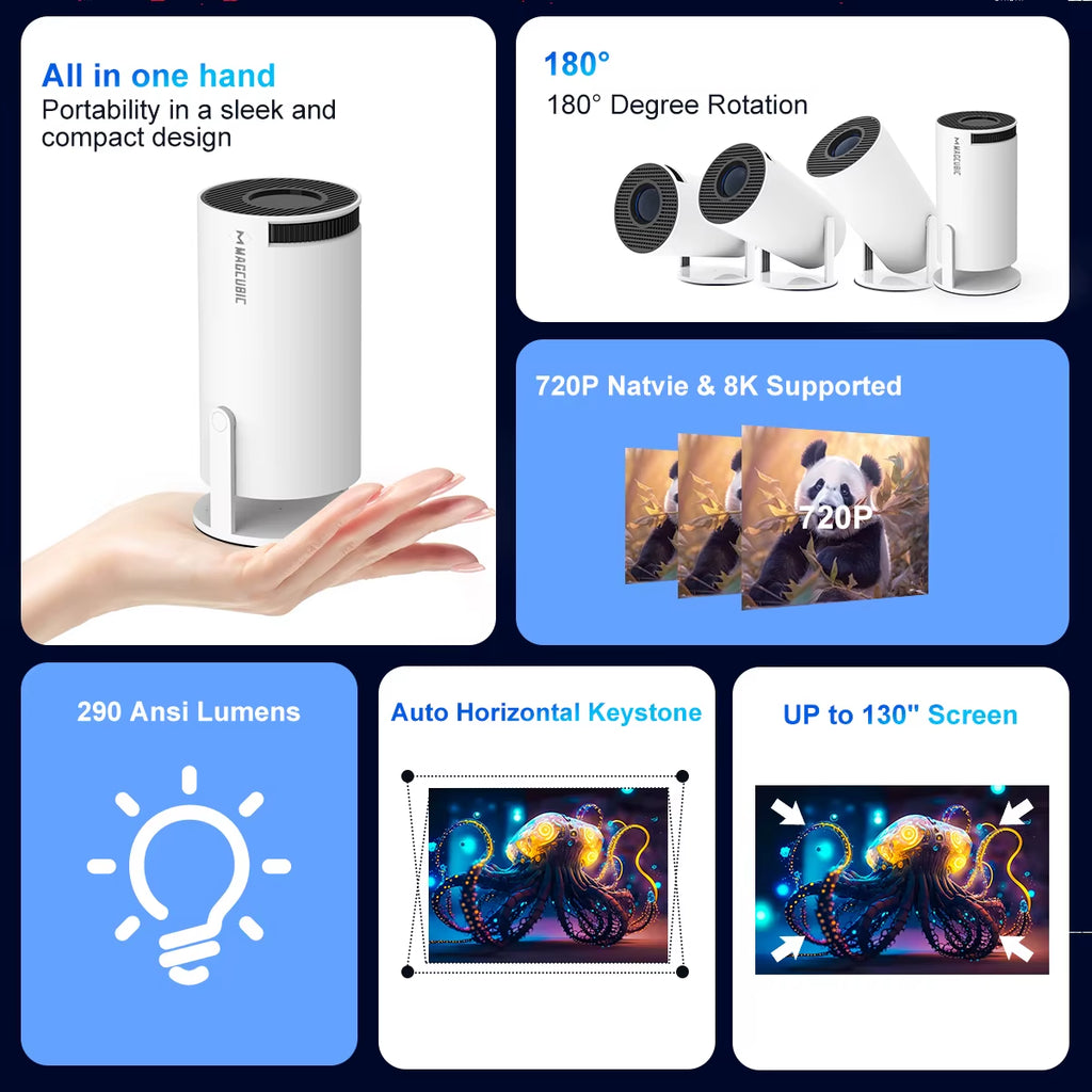 HY300 Pro 8K Android Projector with Dual WiFi 6, 290 ANSI Lumens, Allwinner H726, Bluetooth 5.4, 1080P and 1280x720P for Home Cinema and Outdoor Use